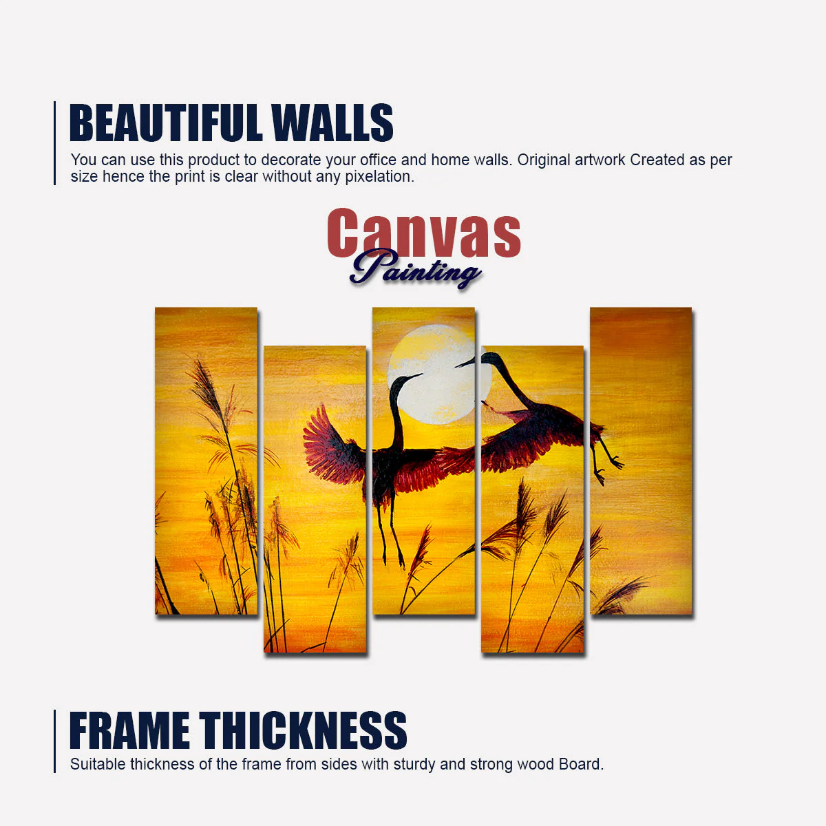 Pair of Cranes Flying 5 Pieces Canvas Wall Painting - Image 5
