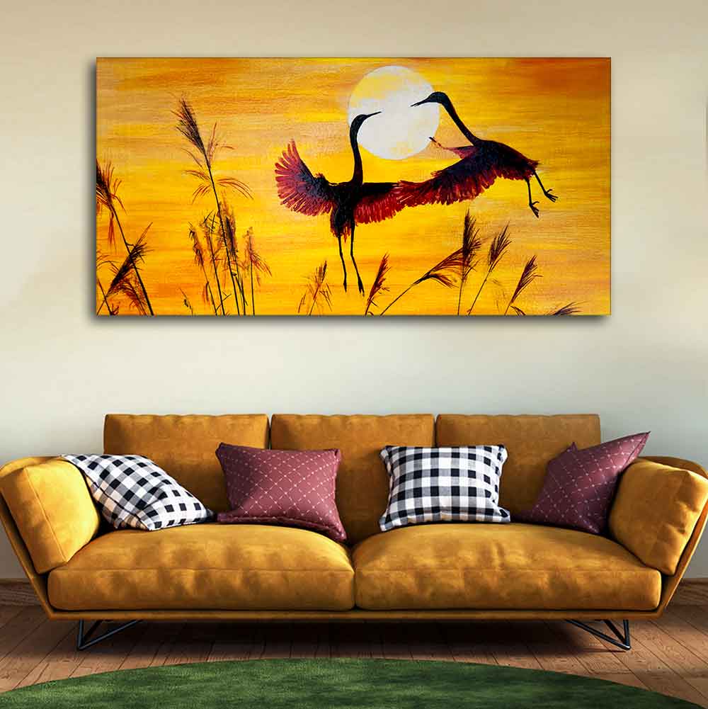 Pair of Flamingos Flying in Sunset Canvas Wall Painting - Image 3