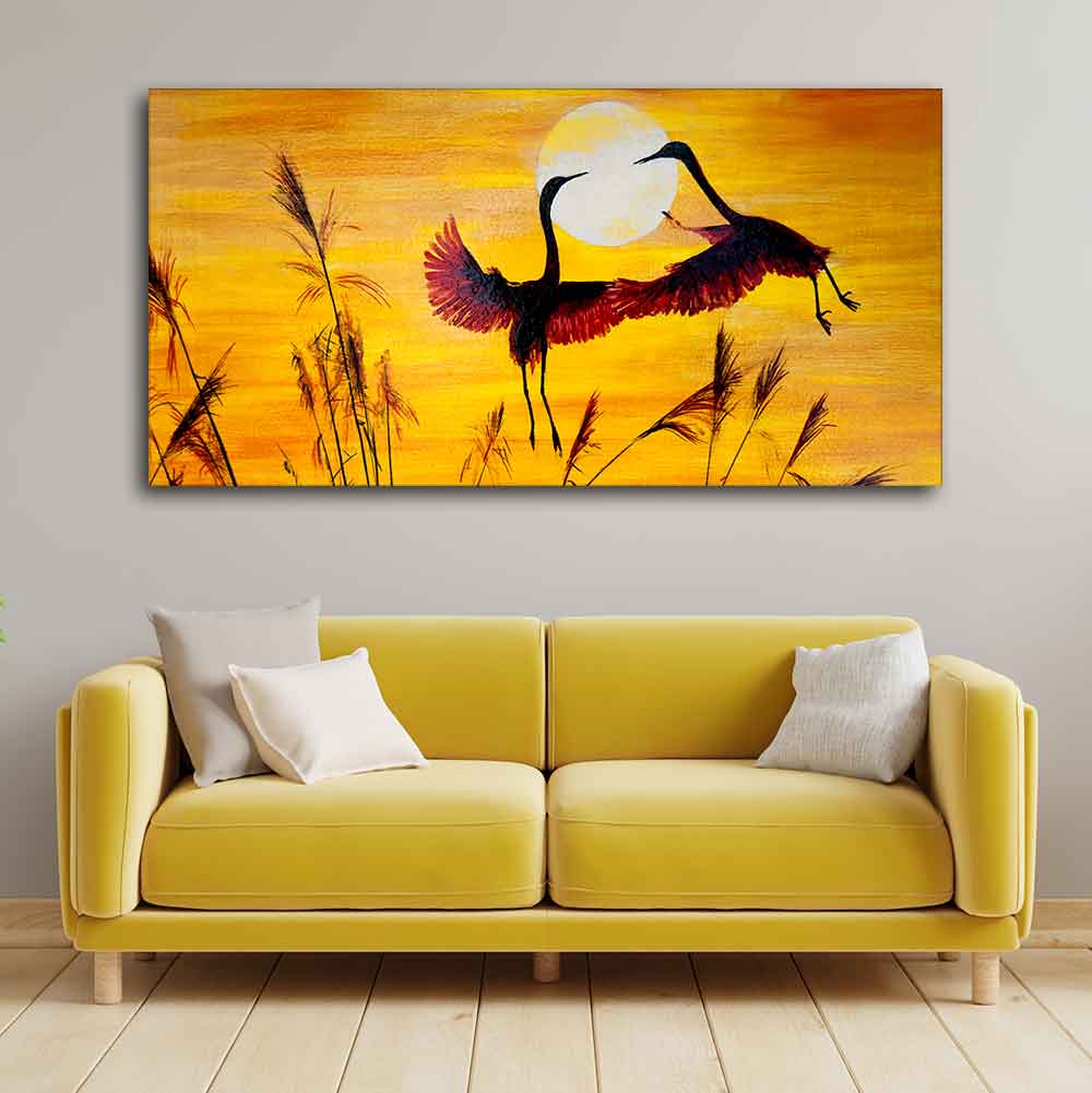 Pair of Flamingos Flying in Sunset Canvas Wall Painting - Image 4