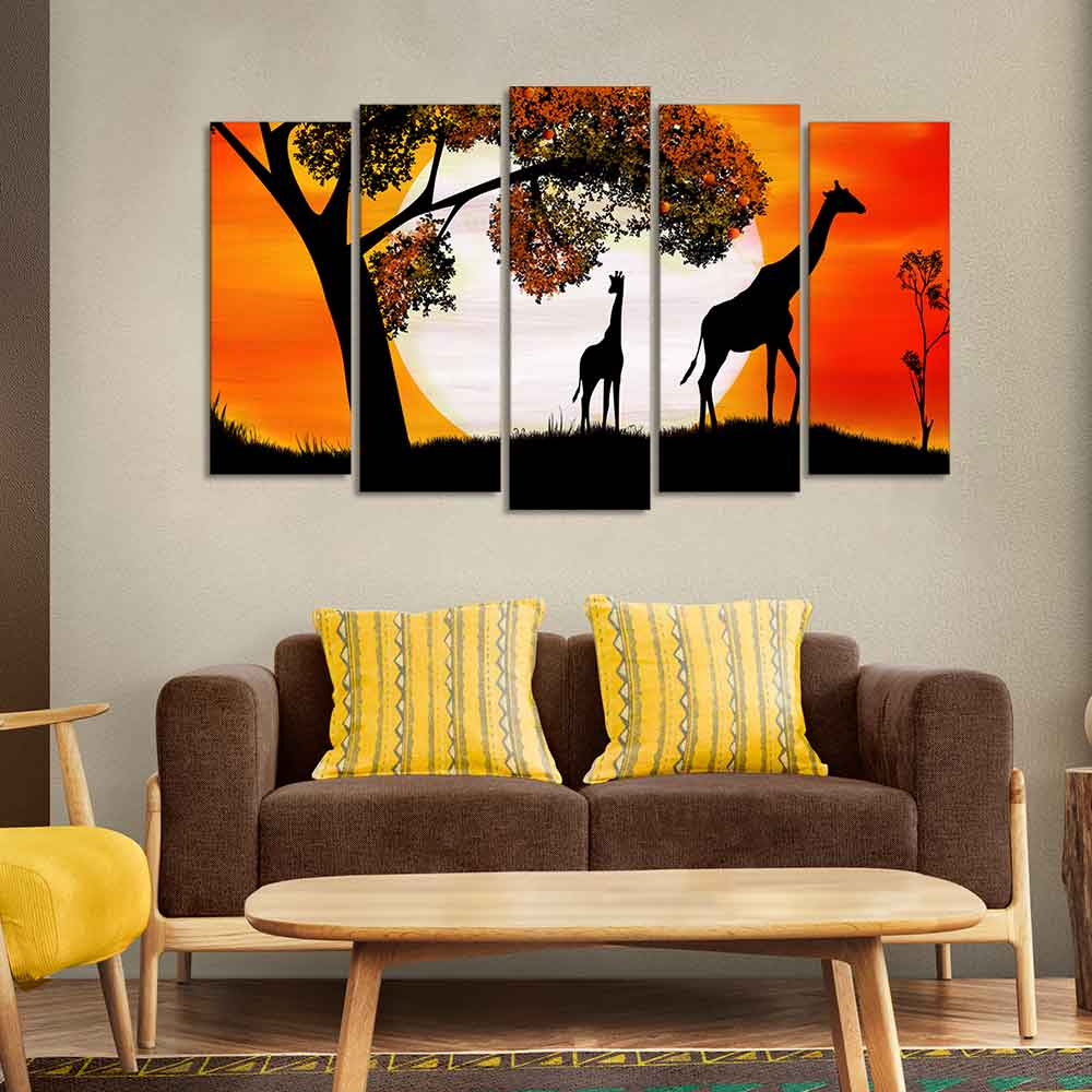 A Pair of Giraffe under a Tree in Sunset Canvas Wall Painting of Five Pieces - Image 2