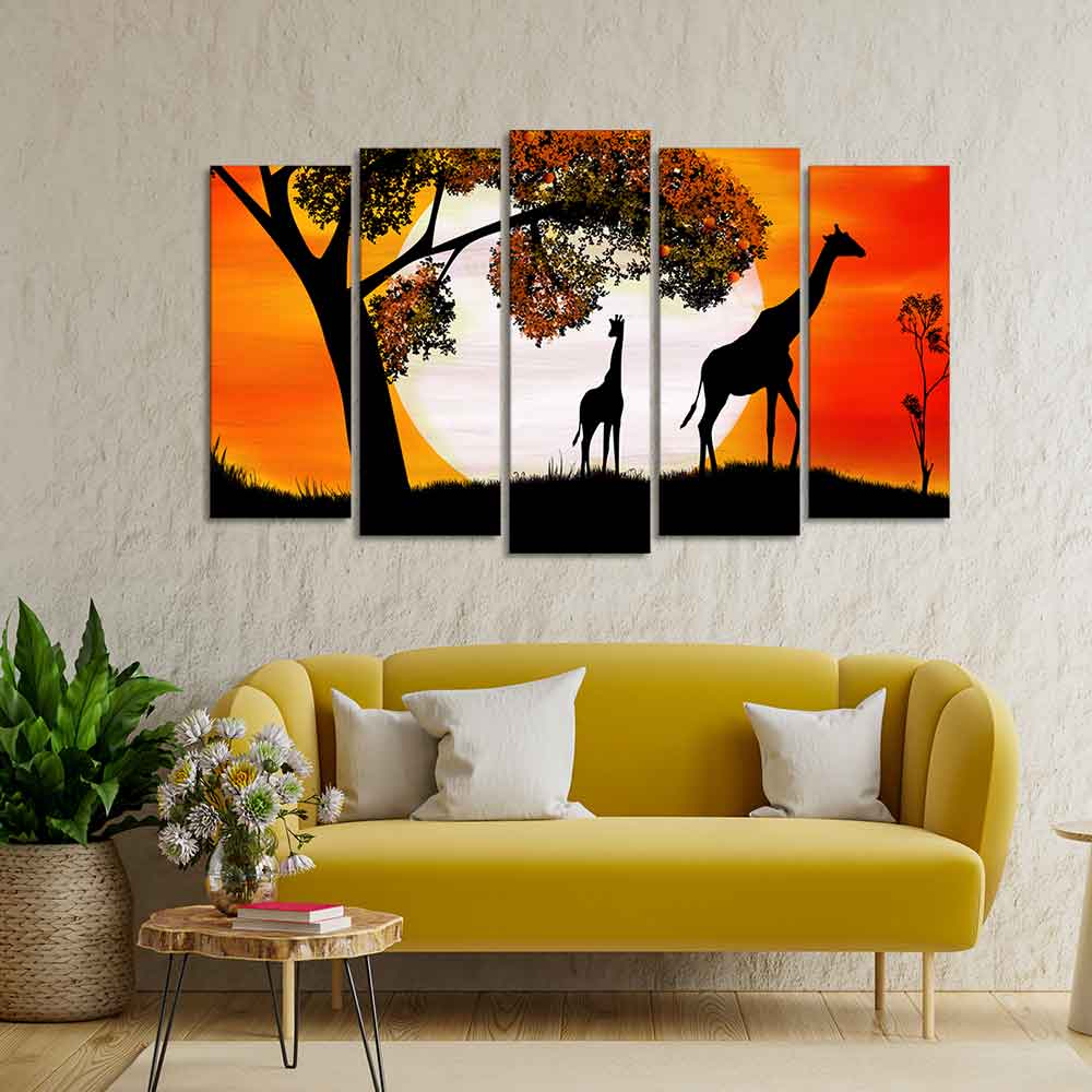A Pair of Giraffe under a Tree in Sunset Canvas Wall Painting of Five Pieces - Image 3