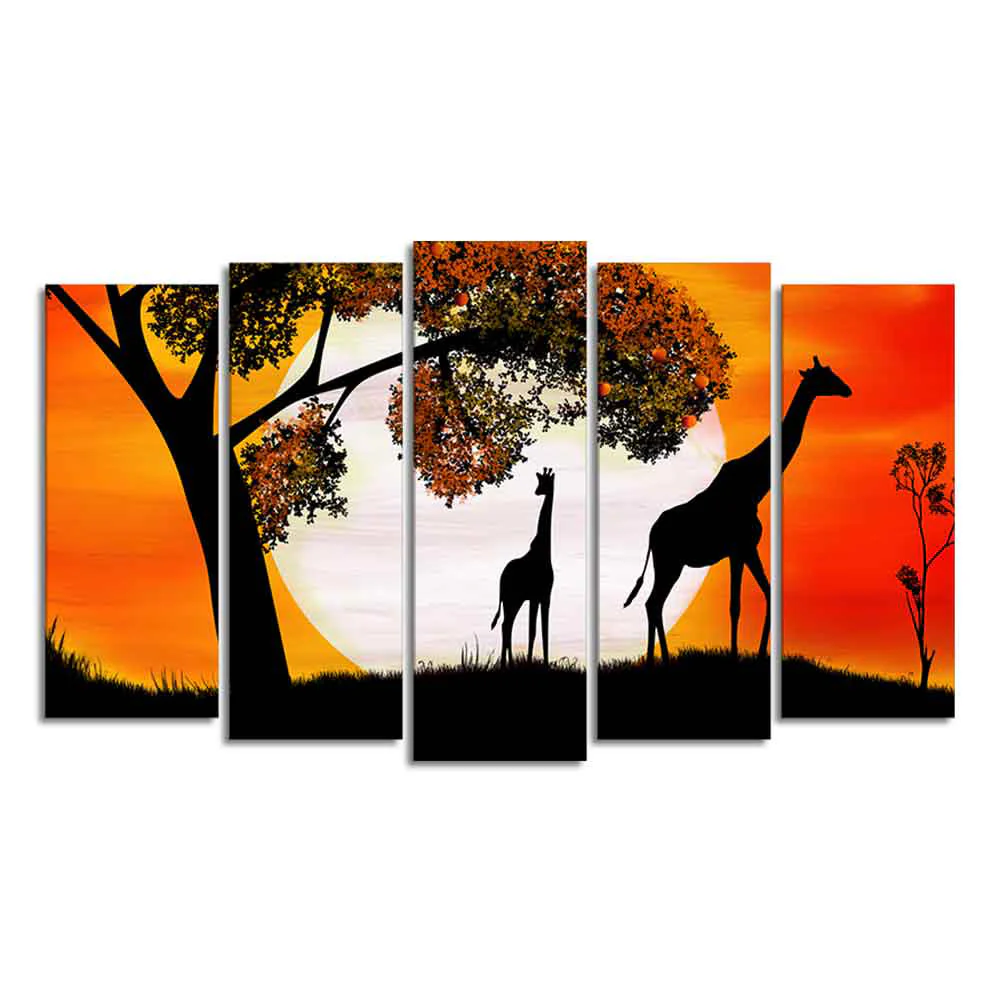 A Pair of Giraffe under a Tree in Sunset Canvas Wall Painting of Five Pieces - Image 4