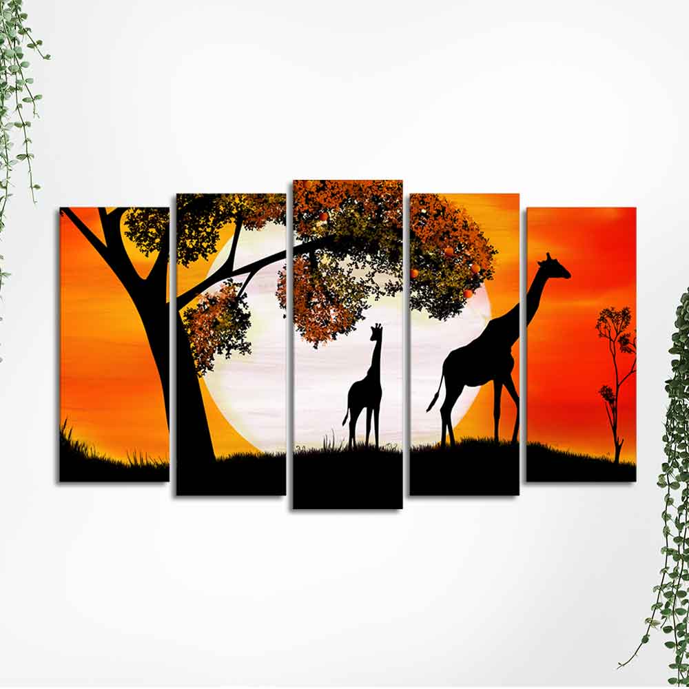 A Pair of Giraffe under a Tree in Sunset Canvas Wall Painting of Five Pieces - Image 5