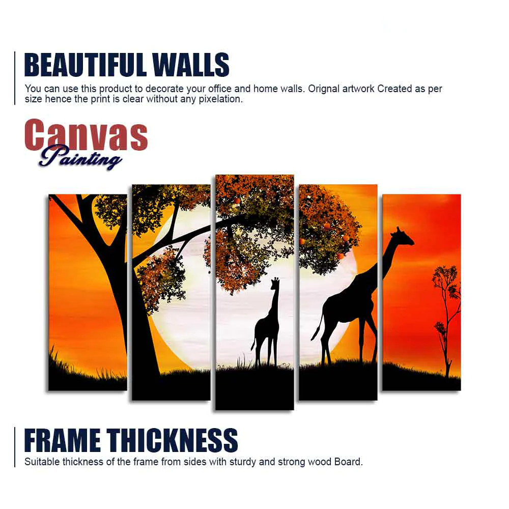 A Pair of Giraffe under a Tree in Sunset Canvas Wall Painting of Five Pieces - Image 6