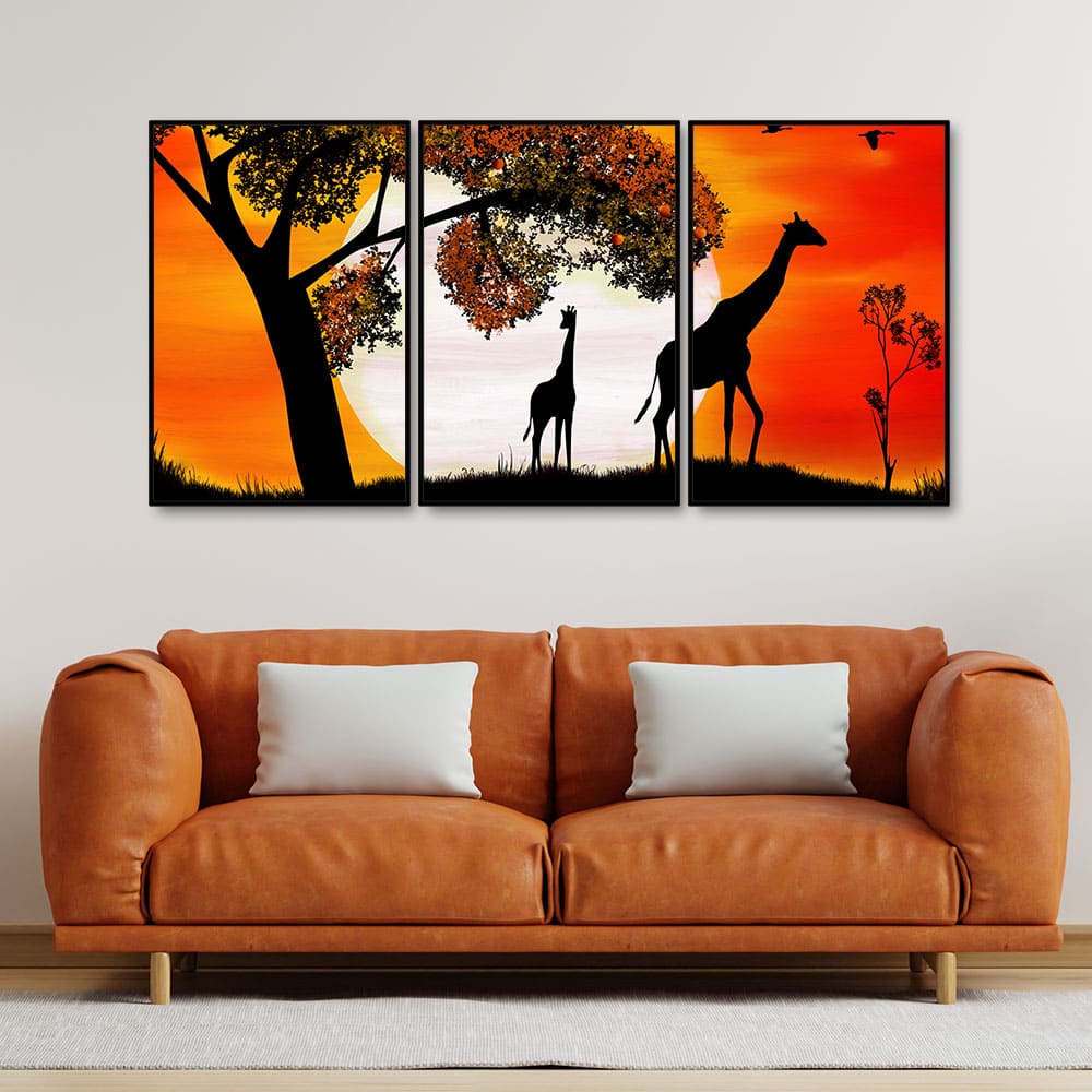 A Pair of Giraffe under a Tree in Sunset Floating Canvas Wall Painting Set of Three - Image 2