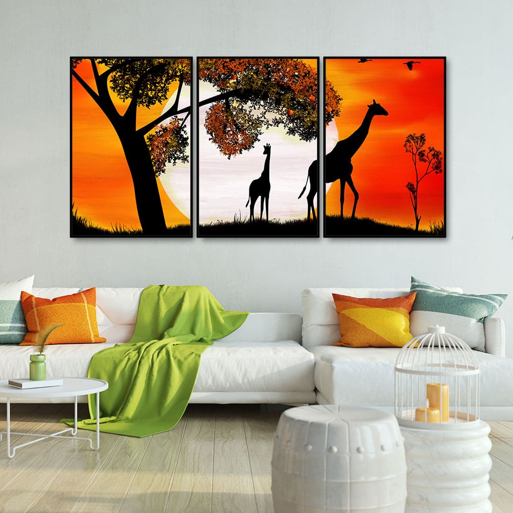 A Pair of Giraffe under a Tree in Sunset Floating Canvas Wall Painting Set of Three - Image 3
