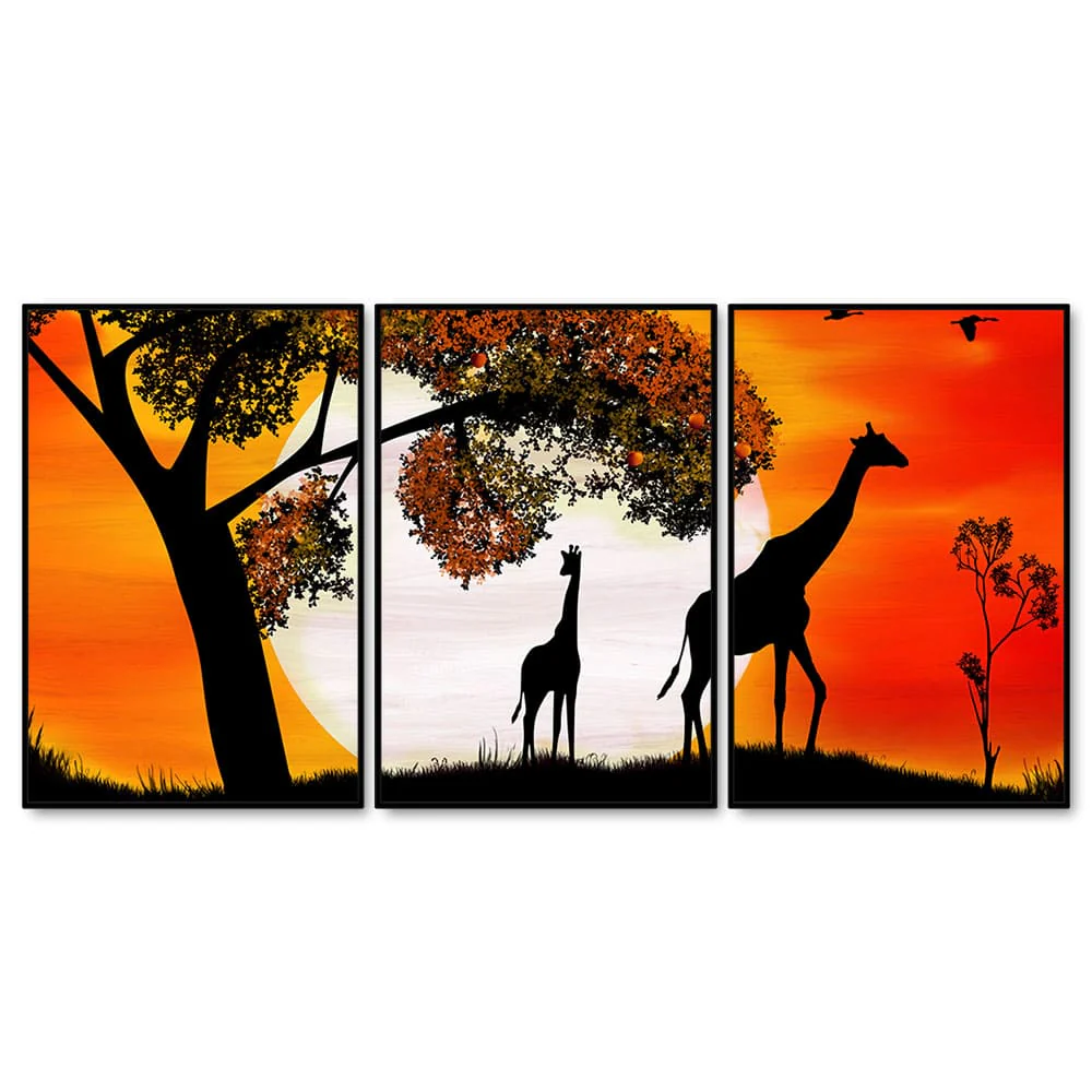 A Pair of Giraffe under a Tree in Sunset Floating Canvas Wall Painting Set of Three - Image 4