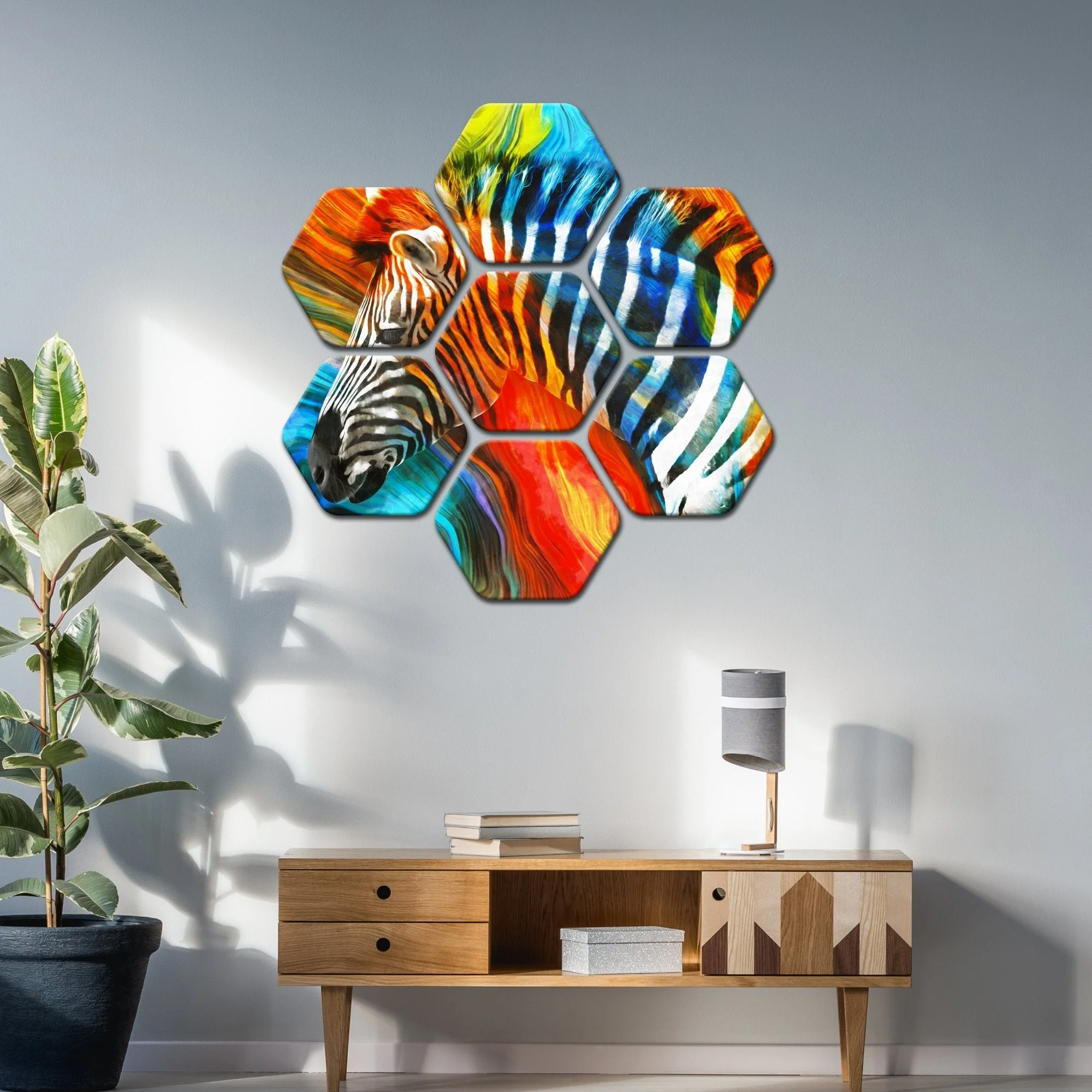 Premium Hexagon Painting of Colorful Zebra Set of 7 - Image 3