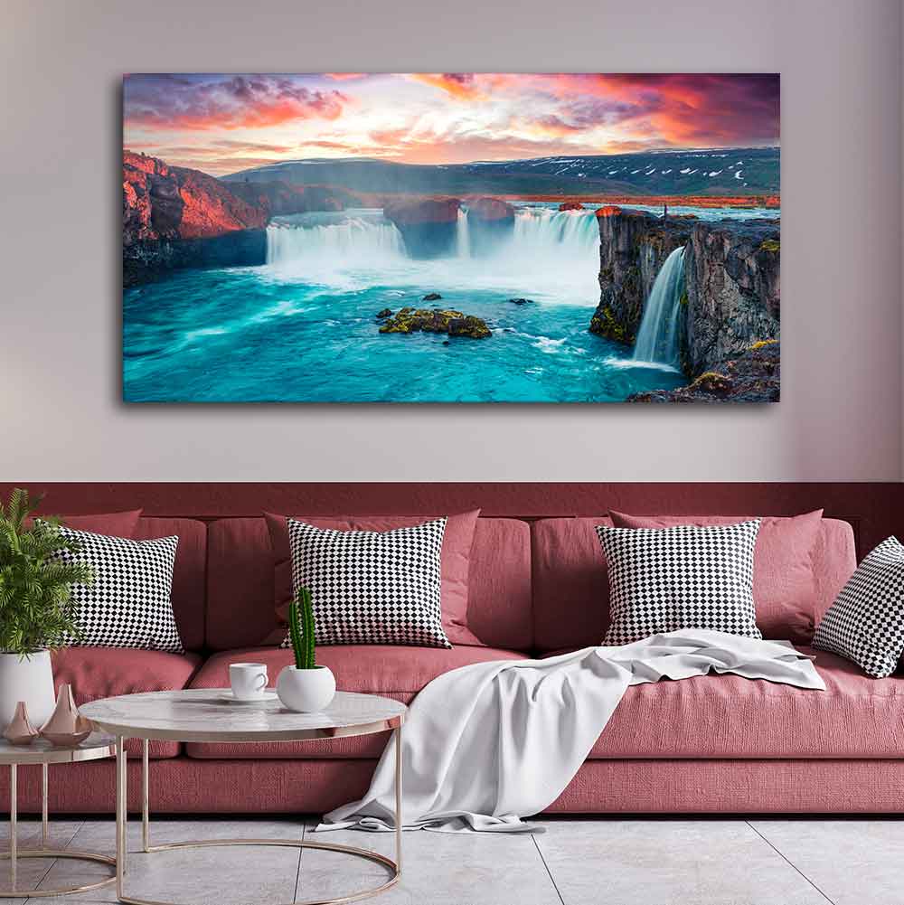 Scenery of Waterfall In Forest Canvas Wall Painting - Image 2