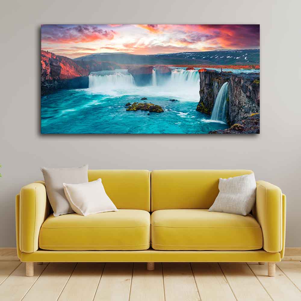 Scenery of Waterfall In Forest Canvas Wall Painting - Image 3