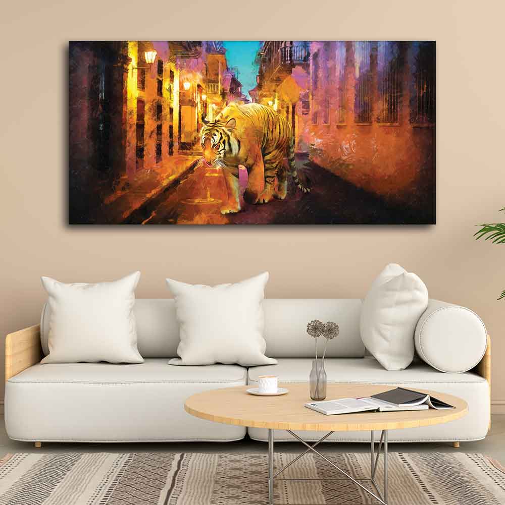 A Tiger Walking in the Street Premium Wall Painting - Image 3