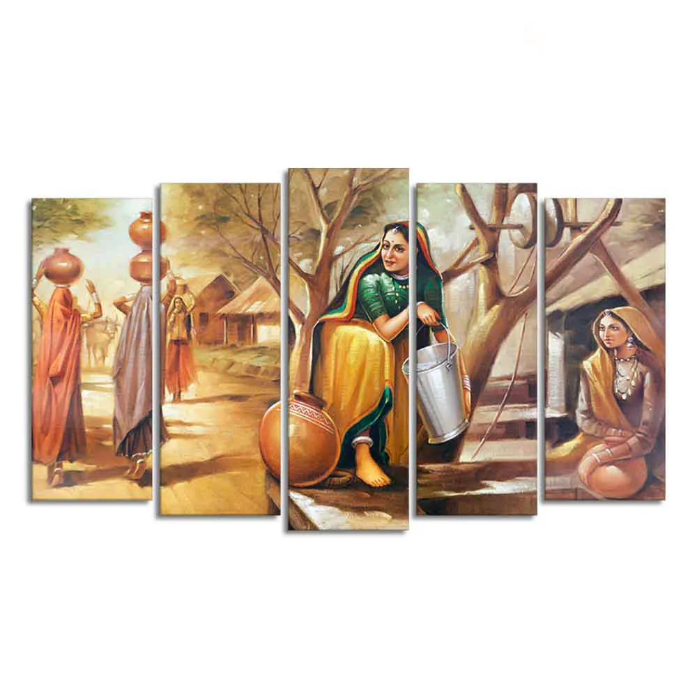 A Woman Filling Water in a Pot Frame Painting of Five Pieces - Image 4
