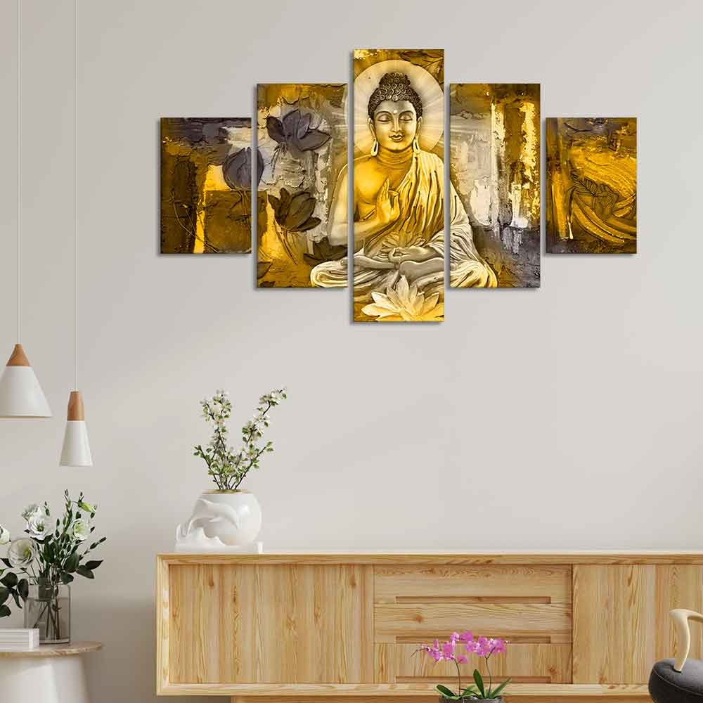 Abstract Art Meditating Lord Buddha Wall Painting Five Pieces - Image 2