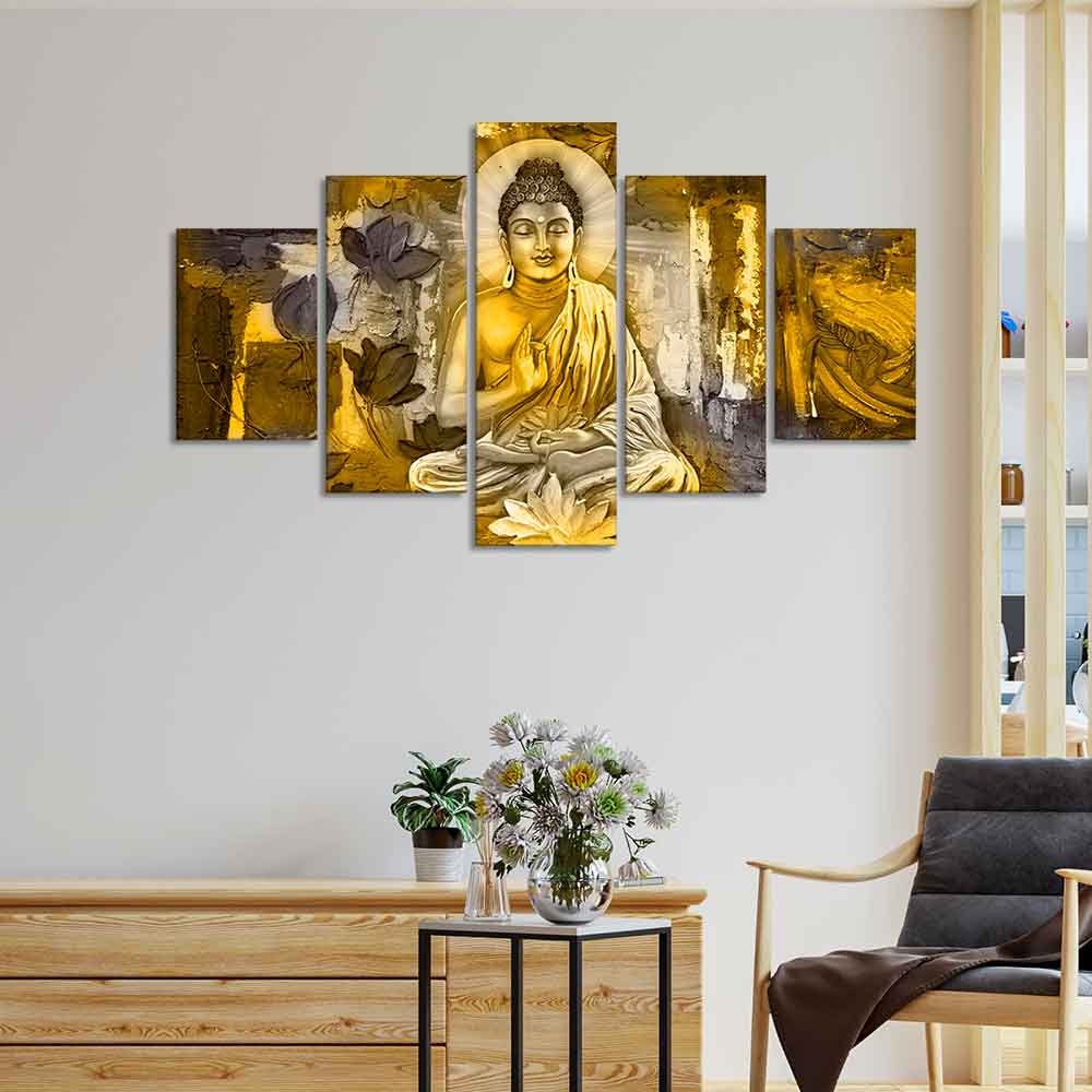 Abstract Art Meditating Lord Buddha Wall Painting Five Pieces - Image 3