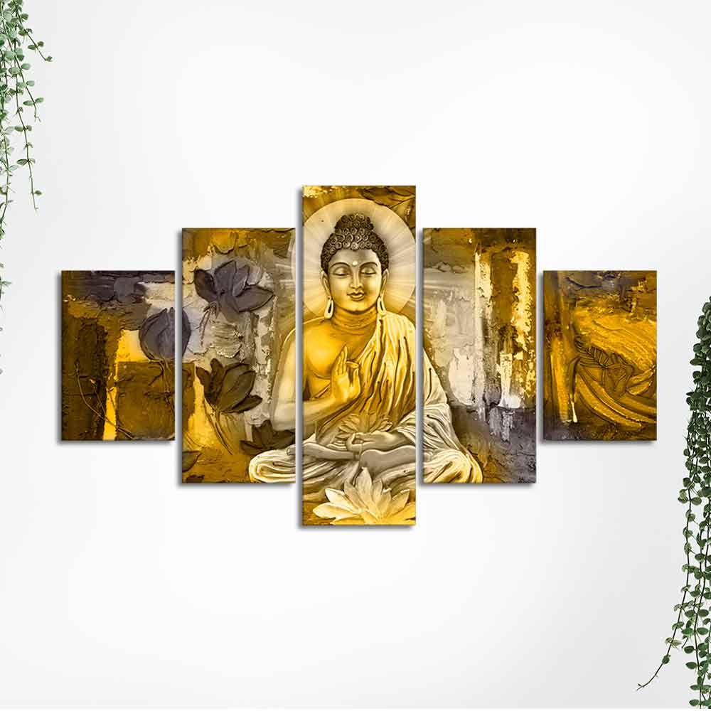 Abstract Art Meditating Lord Buddha Wall Painting Five Pieces - Image 5