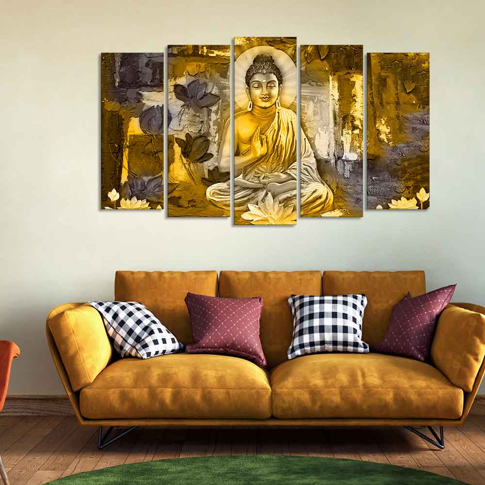 Abstract Art Meditating Lord Buddha Wall Painting Set of Five Pieces - Image 2