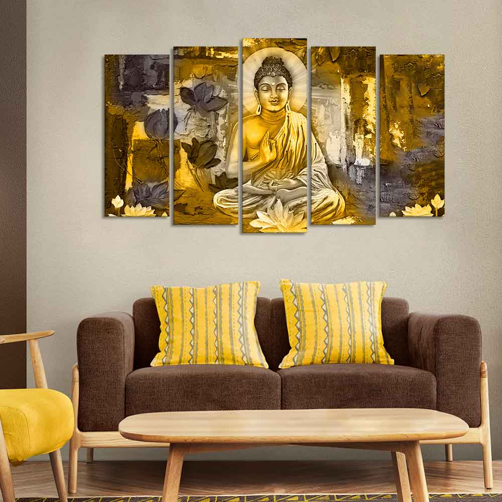 Abstract Art Meditating Lord Buddha Wall Painting Set of Five Pieces - Image 3