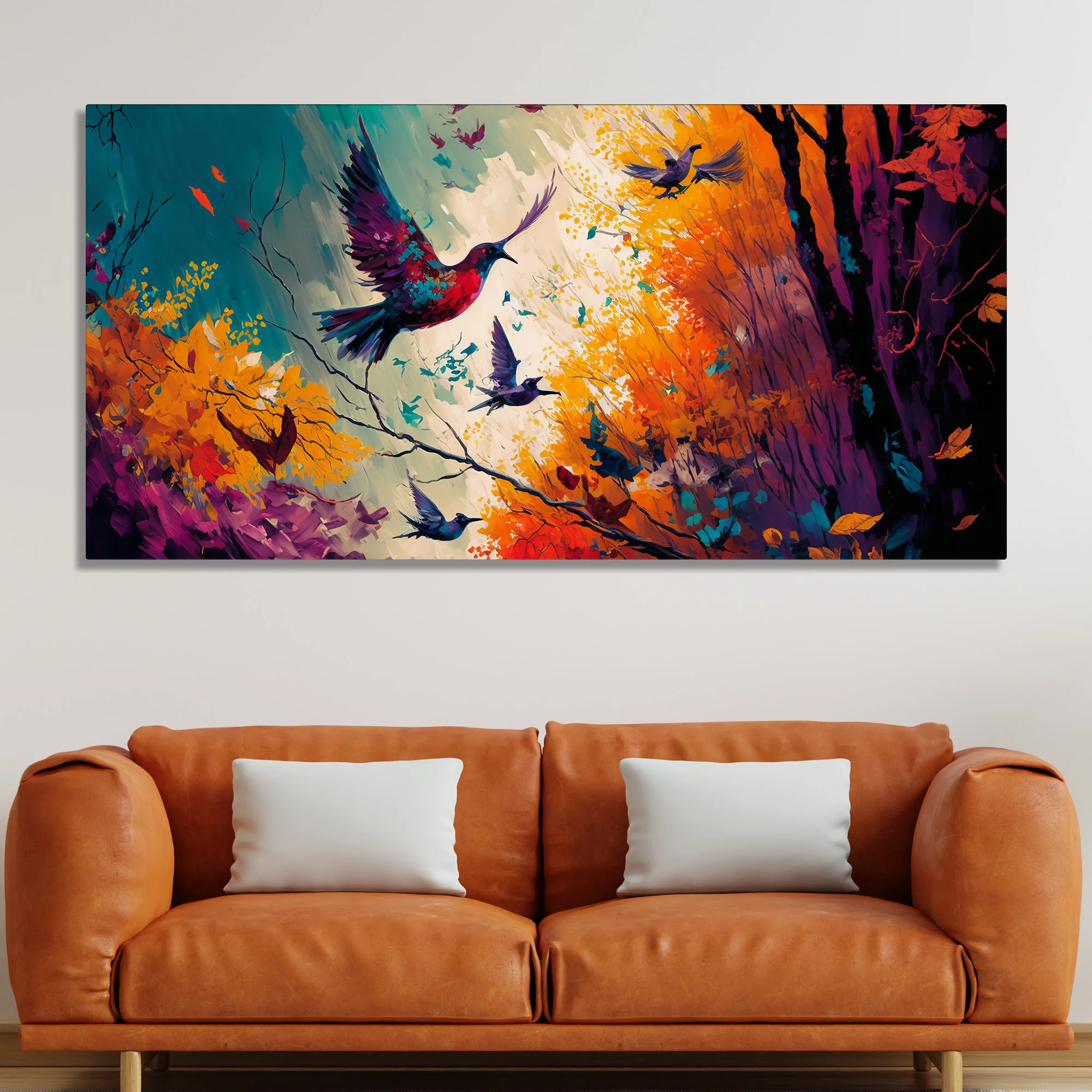 Abstract Art of Forest Landscape with Birds Canvas Wall Painting - Image 3