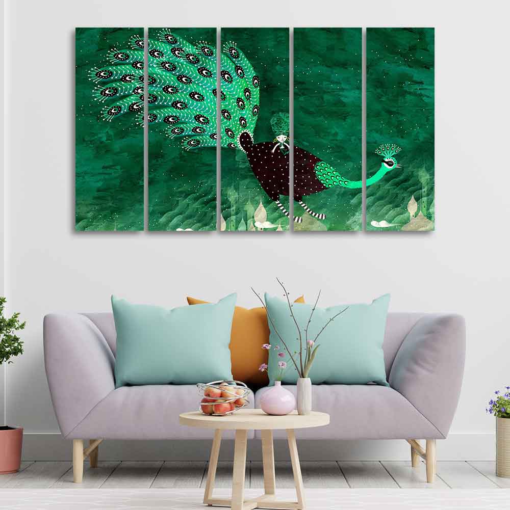 Abstract Art Peacock Canvas Wall Painting of 5 Pieces - Image 2