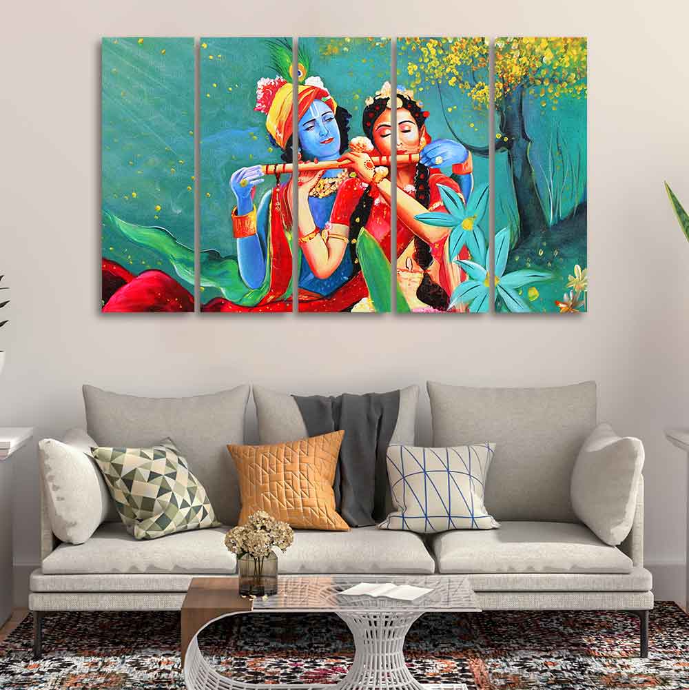 Abstract Art Radha Krishna Wall Painting of Five Pieces - Image 2