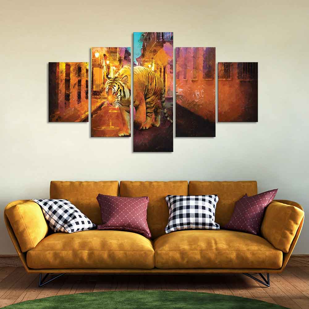 Abstract Art Tiger Walking on Street Canvas Wall Painting of Five Pieces - Image 2
