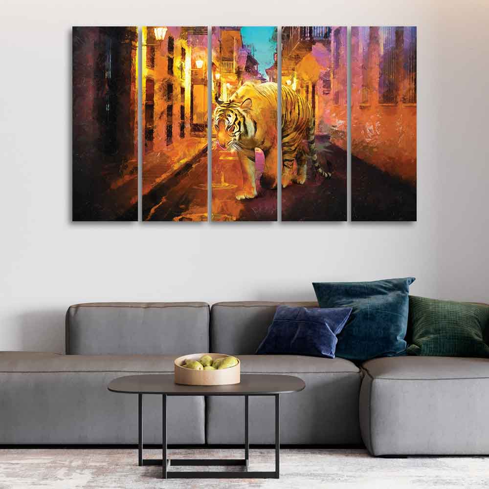 Abstract Art Tiger Walking on Street Five Pieces Canvas Wall Painting - Image 2