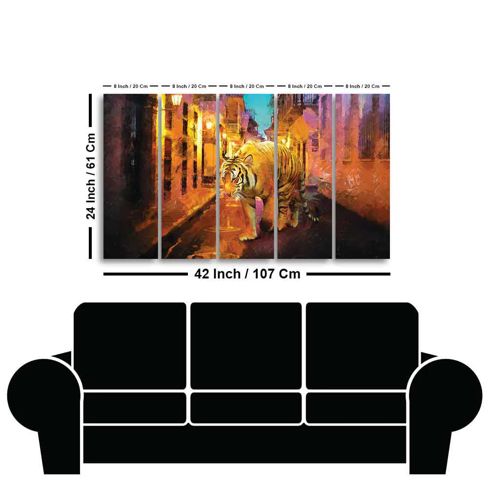 Abstract Art Tiger Walking on Street Five Pieces Canvas Wall Painting - Image 6