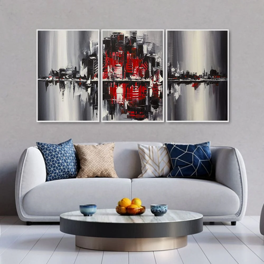 Abstract City Skyline Floating Canvas Wall Painting Set of Three - Image 3