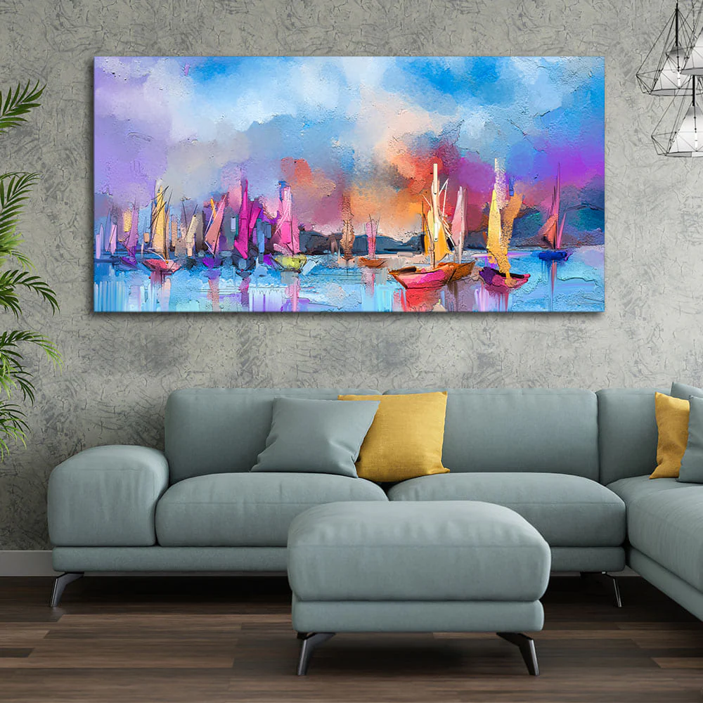 Abstract Colorful Sea Sailing Boat Canvas Wall Painting - Image 2