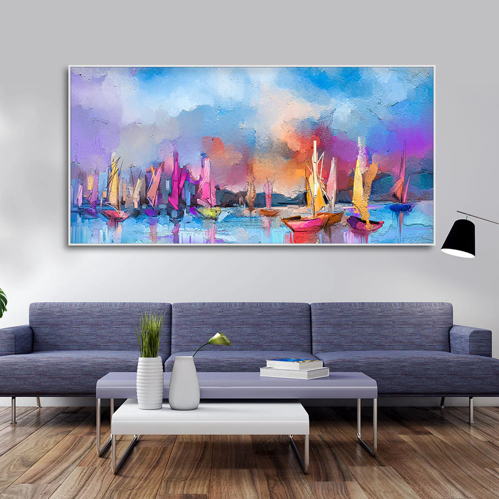 Abstract Colorful Sea Sailing Boat Canvas Wall Painting - Image 3