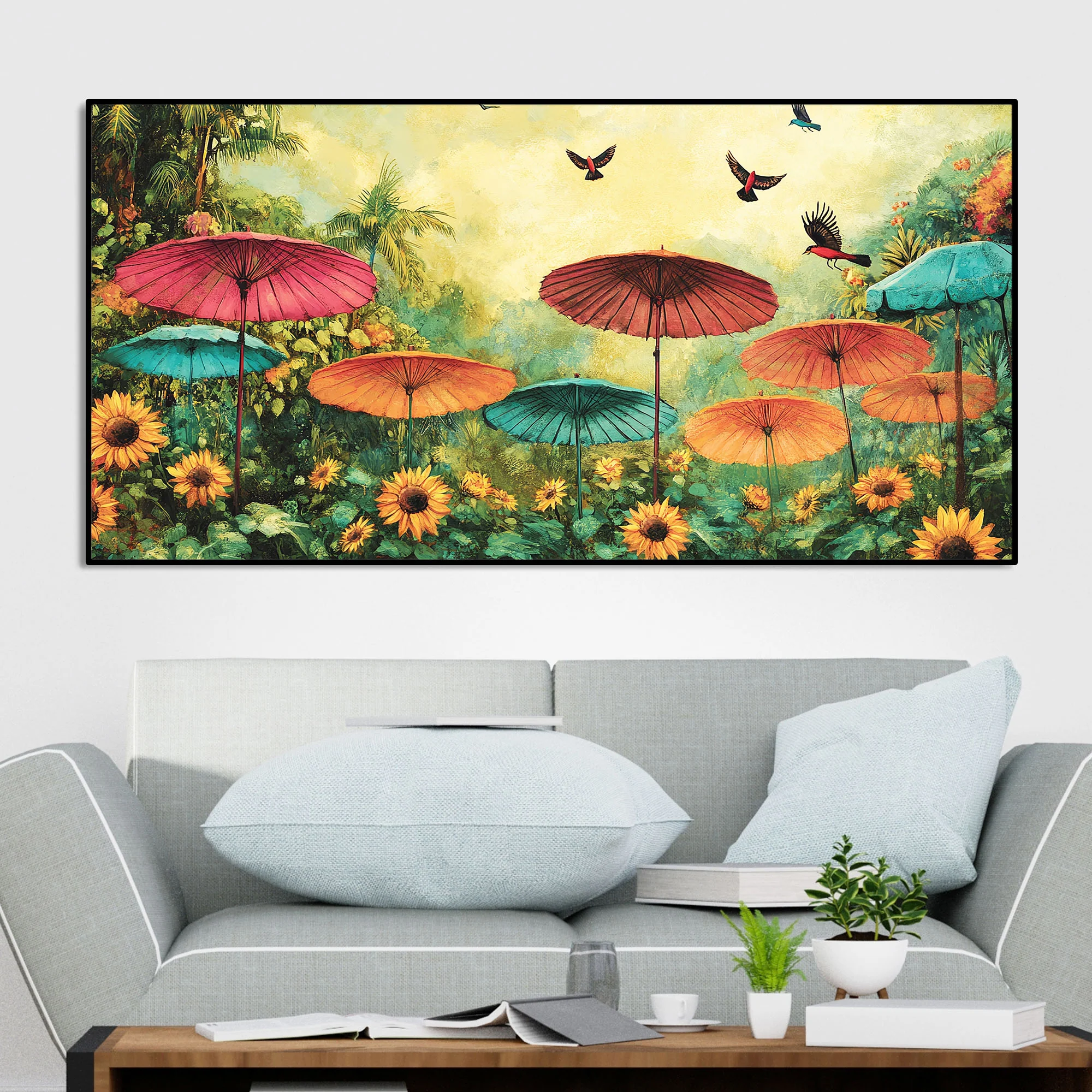Abstract Colorful Umbrella with Wildflowers Nature Art Canvas Wall Painting - Image 3