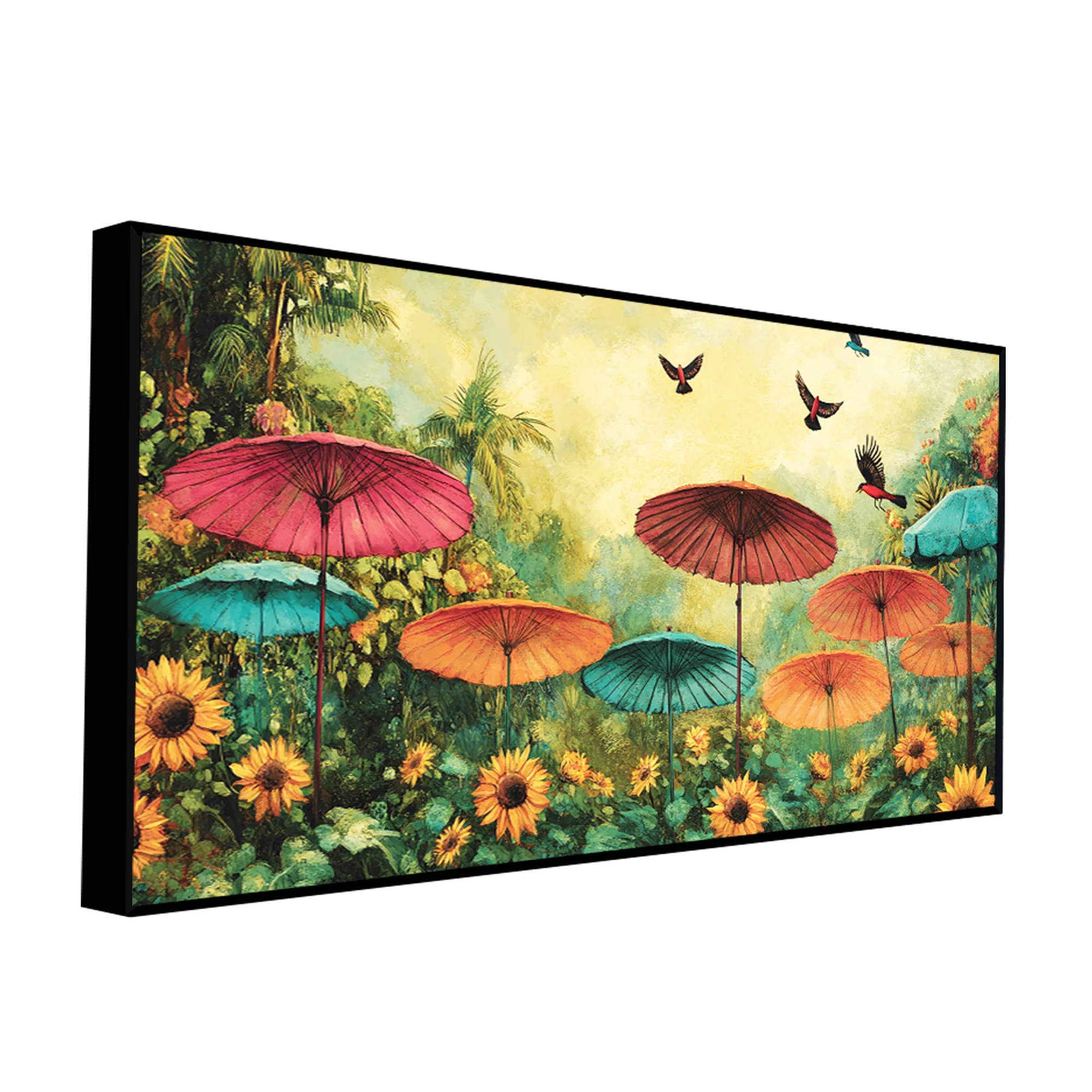 Abstract Colorful Umbrella with Wildflowers Nature Art Canvas Wall Painting - Image 4