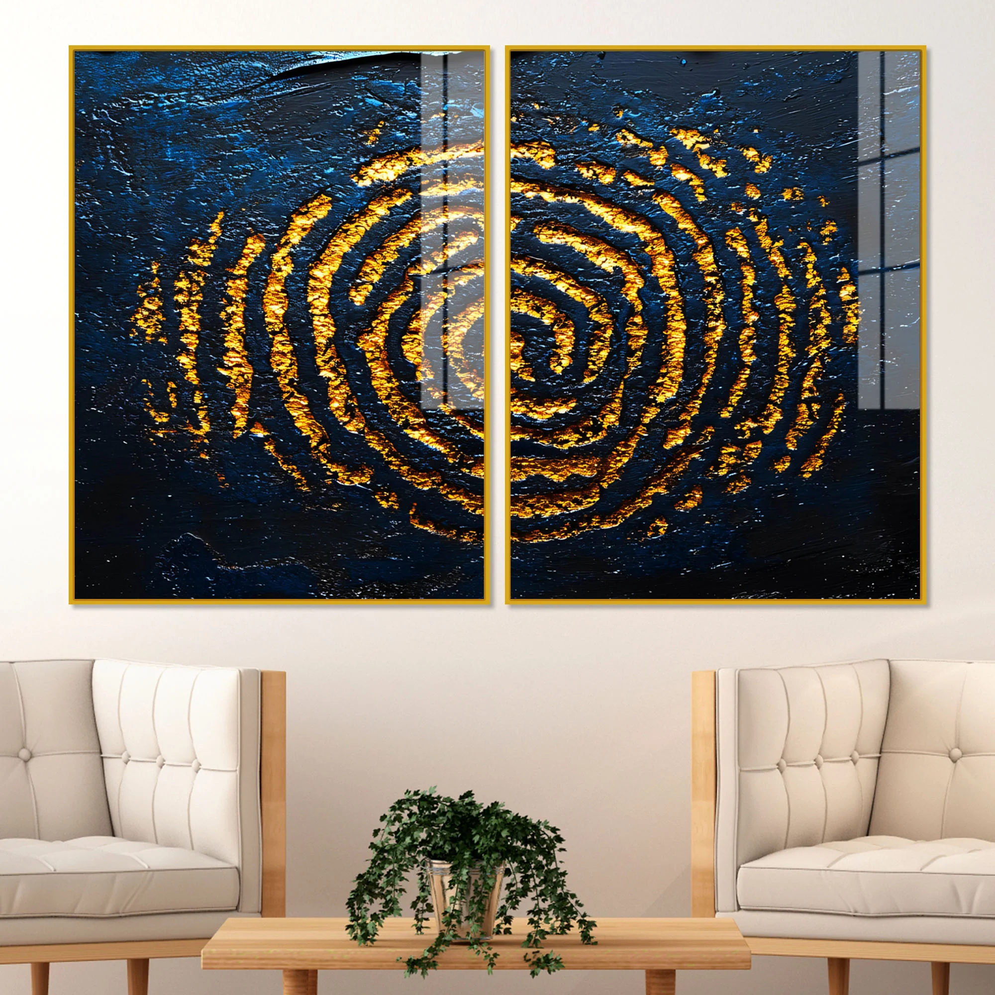 Abstract Dark Blue Background Golden Textured Acrylic Floating Wall Painting Set of 2 - Image 2