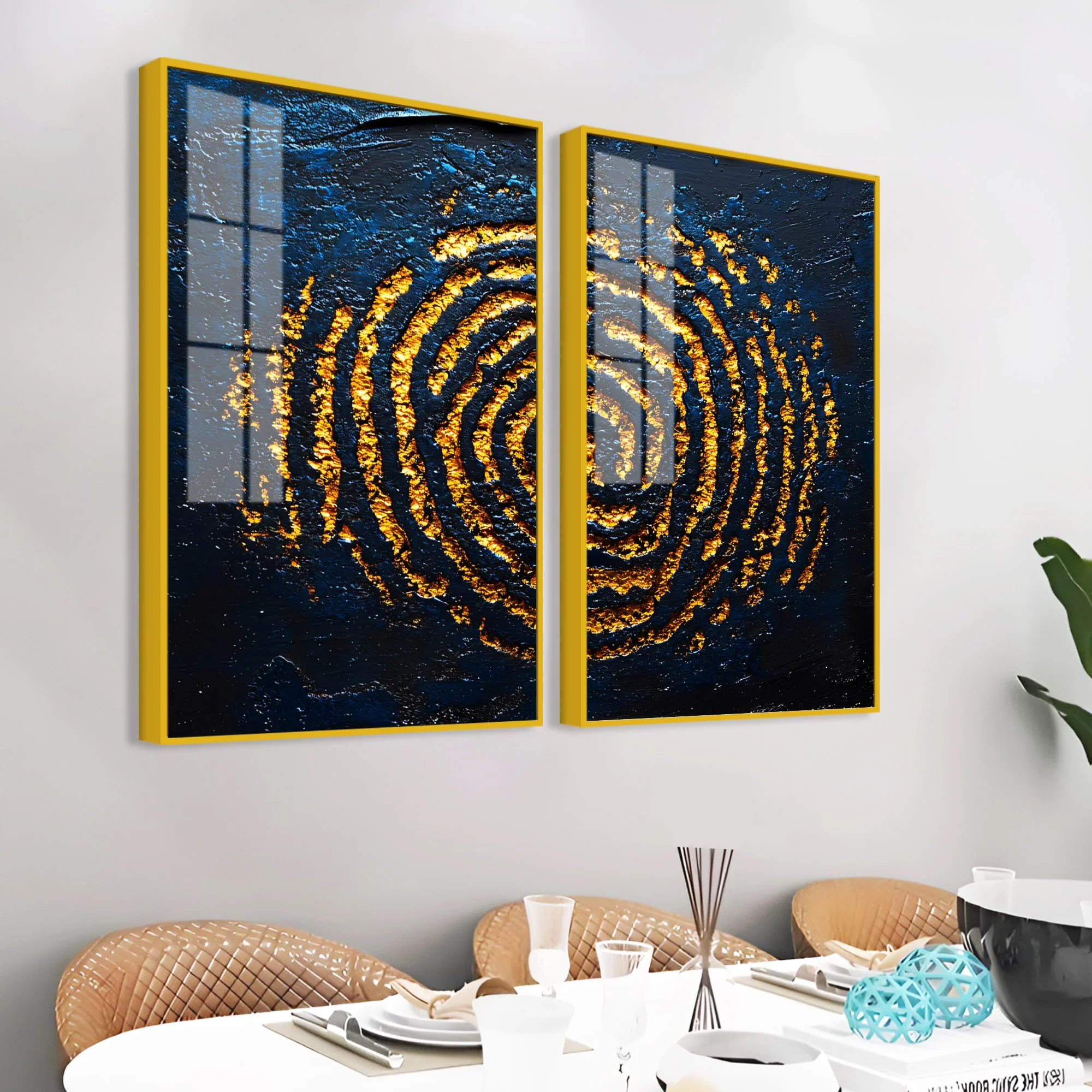 Abstract Dark Blue Background Golden Textured Acrylic Floating Wall Painting Set of 2 - Image 3