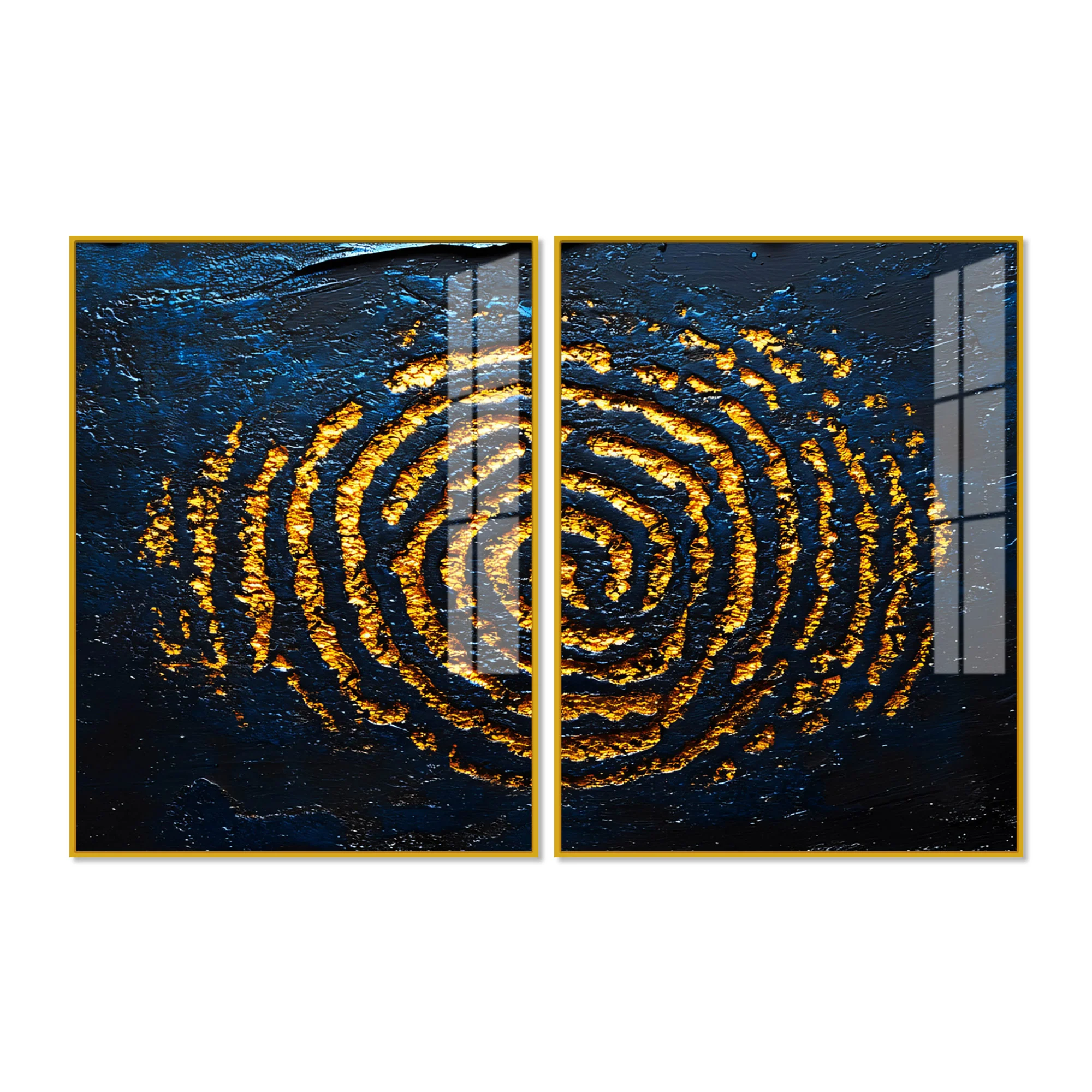 Abstract Dark Blue Background Golden Textured Acrylic Floating Wall Painting Set of 2 - Image 4