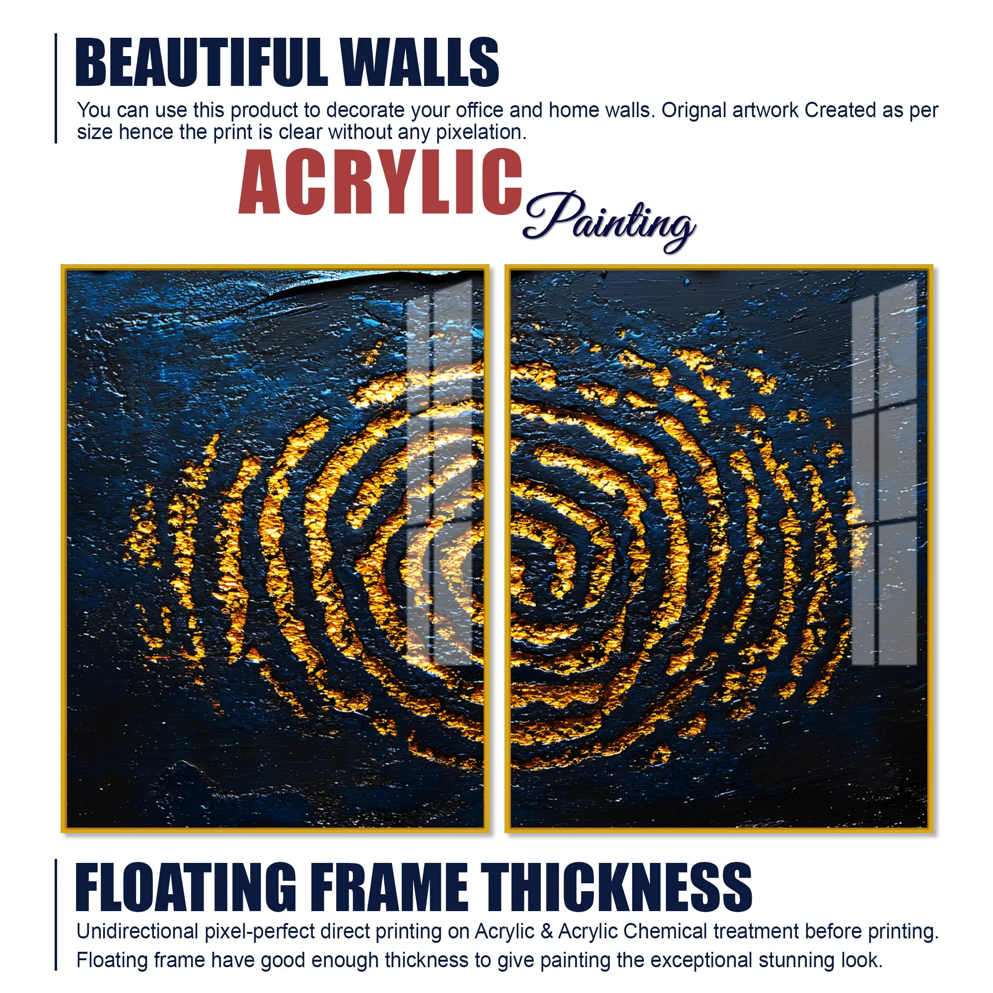 Abstract Dark Blue Background Golden Textured Acrylic Floating Wall Painting Set of 2 - Image 5