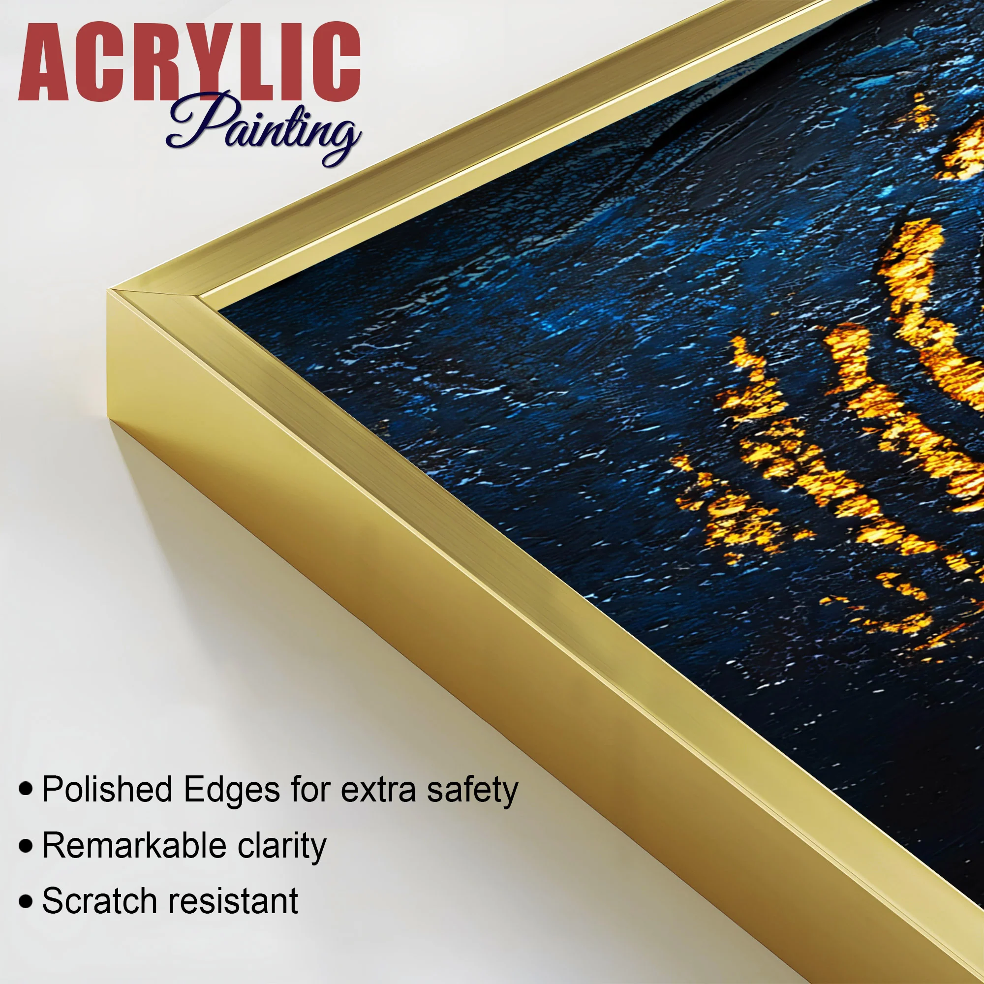Abstract Dark Blue Background Golden Textured Acrylic Floating Wall Painting Set of 2 - Image 6