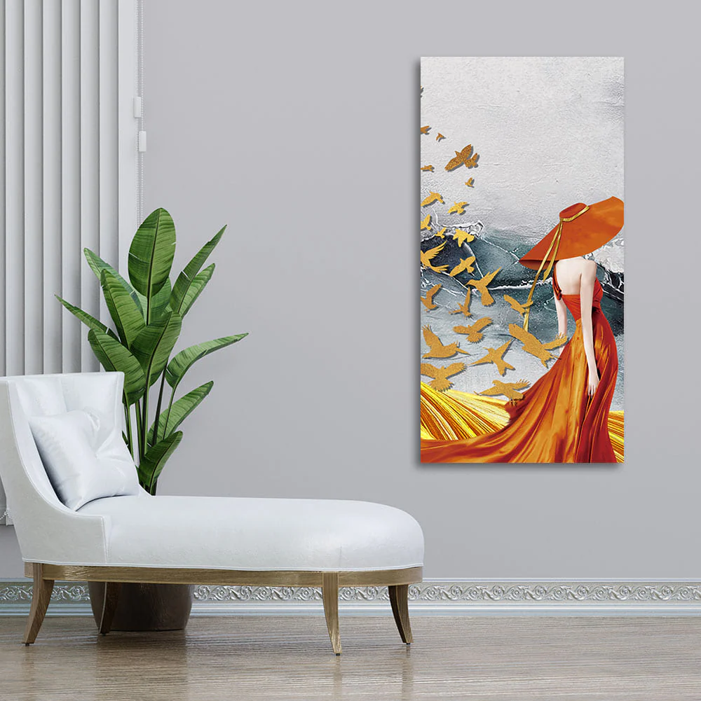 Abstract Fashion Woman in Golden Dress Canvas Wall Painting - Image 2