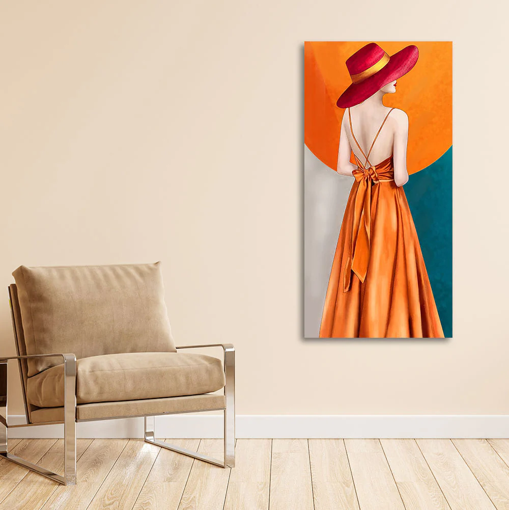 Abstract Fashion Woman in Orange Dress Canvas Wall Painting - Image 2
