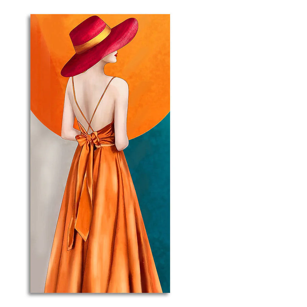Abstract Fashion Woman in Orange Dress Canvas Wall Painting - Image 4