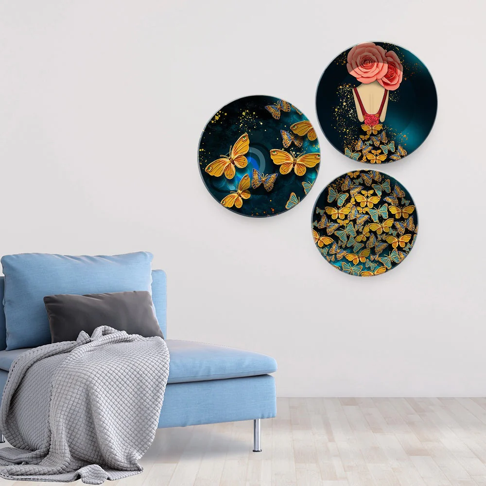 Abstract Girl with Golden Butterflies Premium Wall Plates Painting Set of Three - Image 2