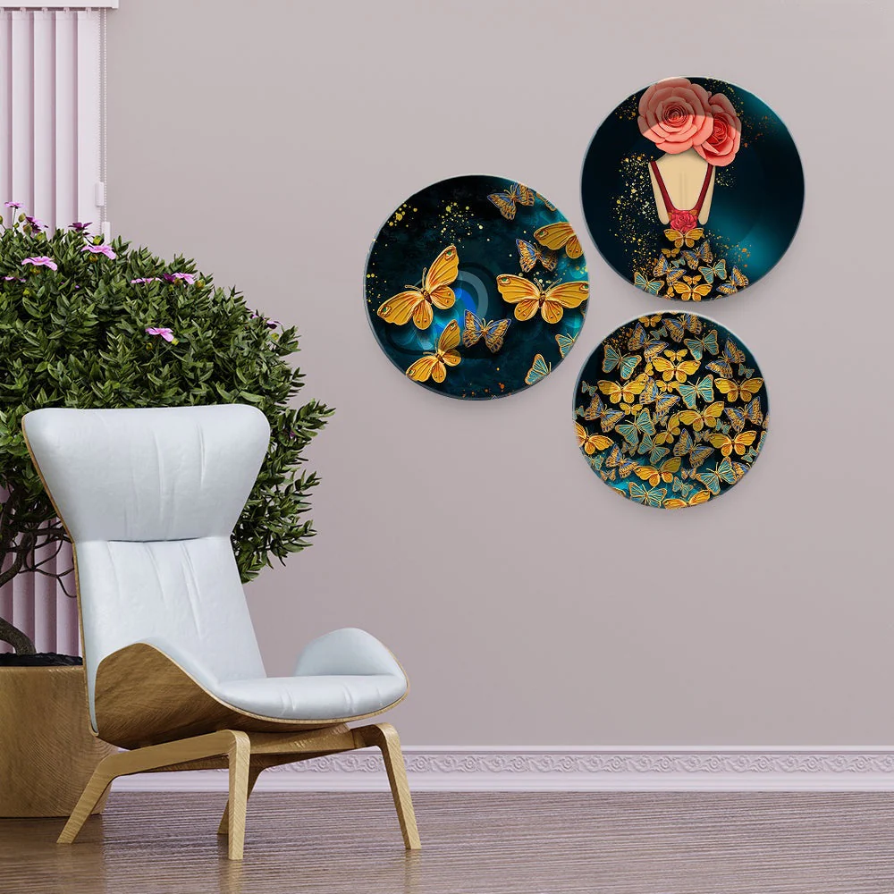 Abstract Girl with Golden Butterflies Premium Wall Plates Painting Set of Three - Image 3