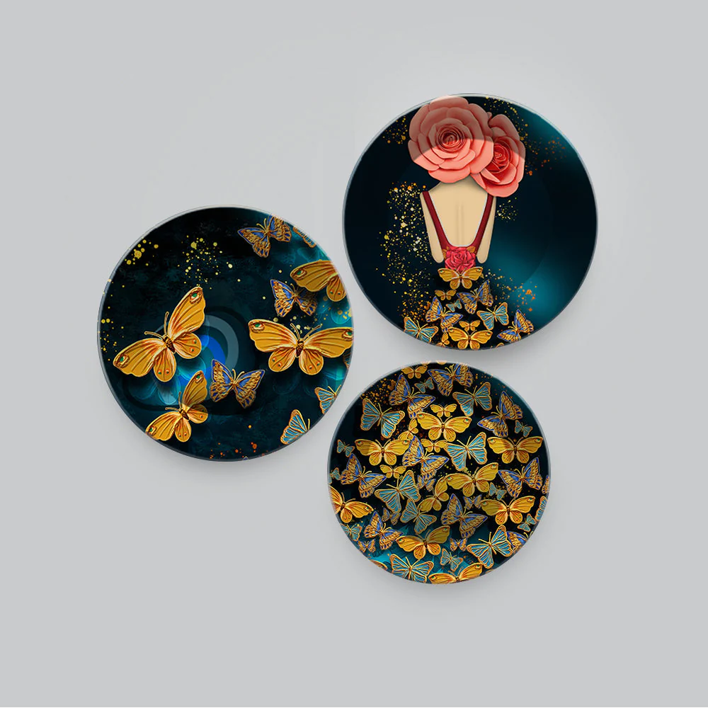 Abstract Girl with Golden Butterflies Premium Wall Plates Painting Set of Three - Image 4