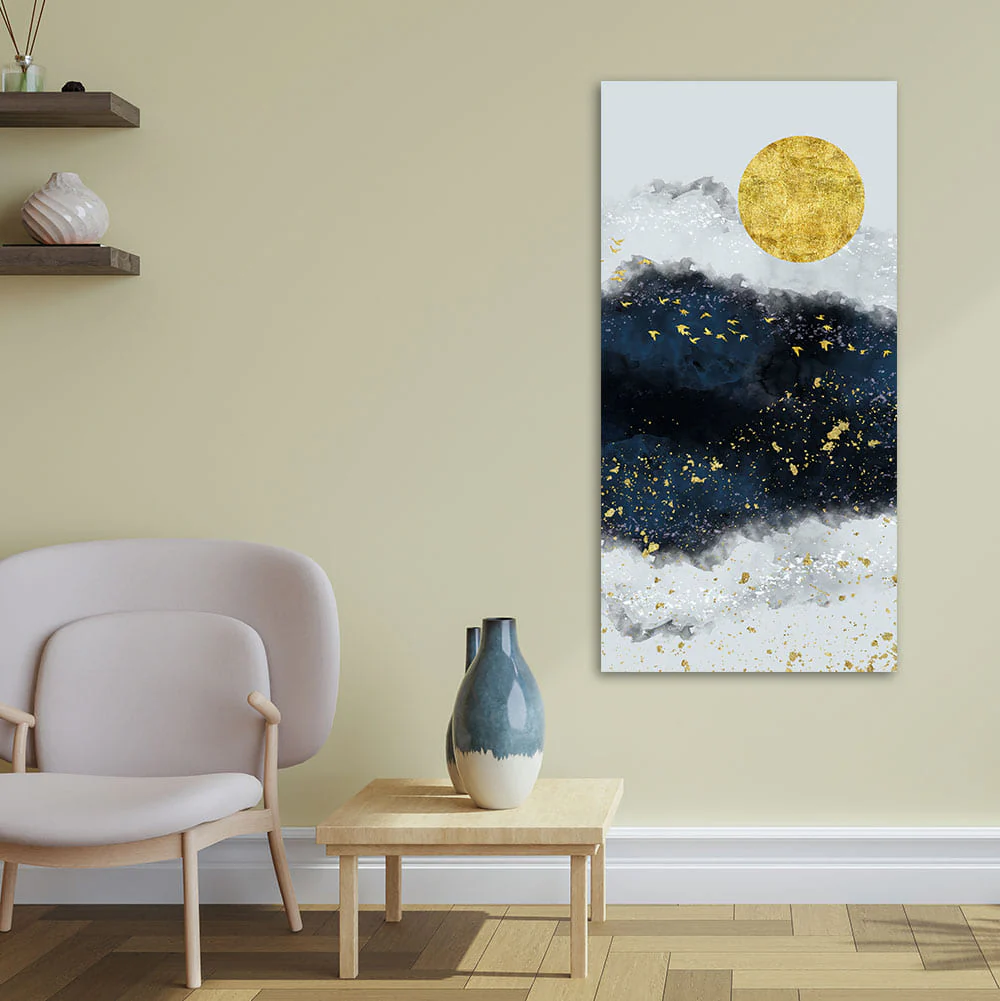Abstract Gold Field Moon with Birds Canvas Wall Painting - Image 2