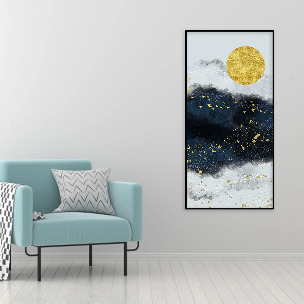 Abstract Gold Field Moon with Birds Canvas Wall Painting - Image 3
