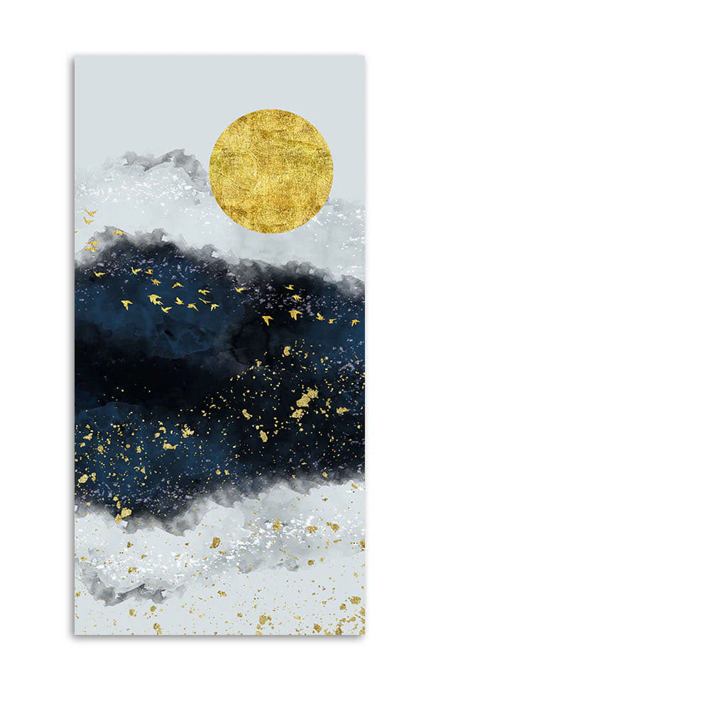 Abstract Gold Field Moon with Birds Canvas Wall Painting - Image 4