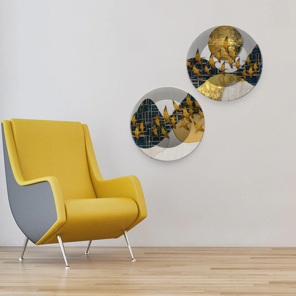 Abstract Golden Birds Flying Luxurious Art Wall Hanging Plates of Two Pieces - Image 2