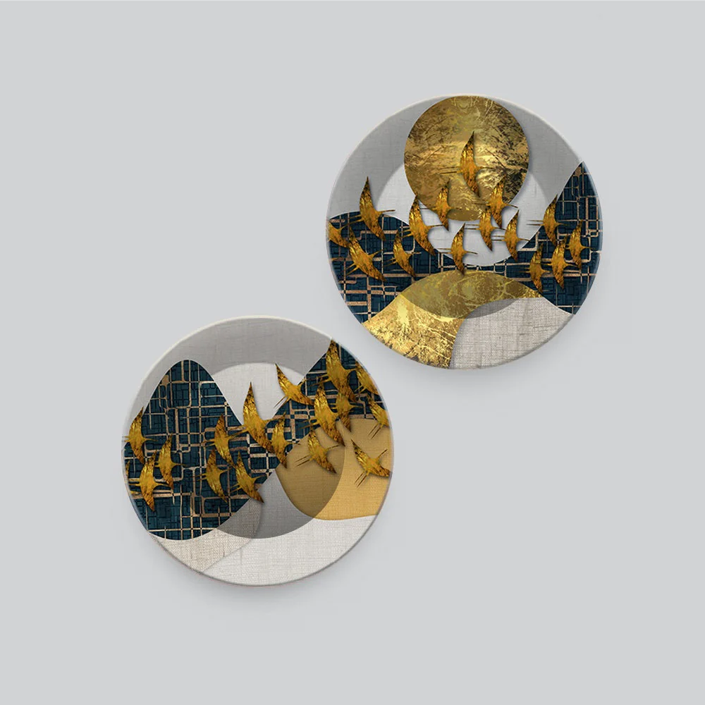Abstract Golden Birds Flying Luxurious Art Wall Hanging Plates of Two Pieces - Image 3