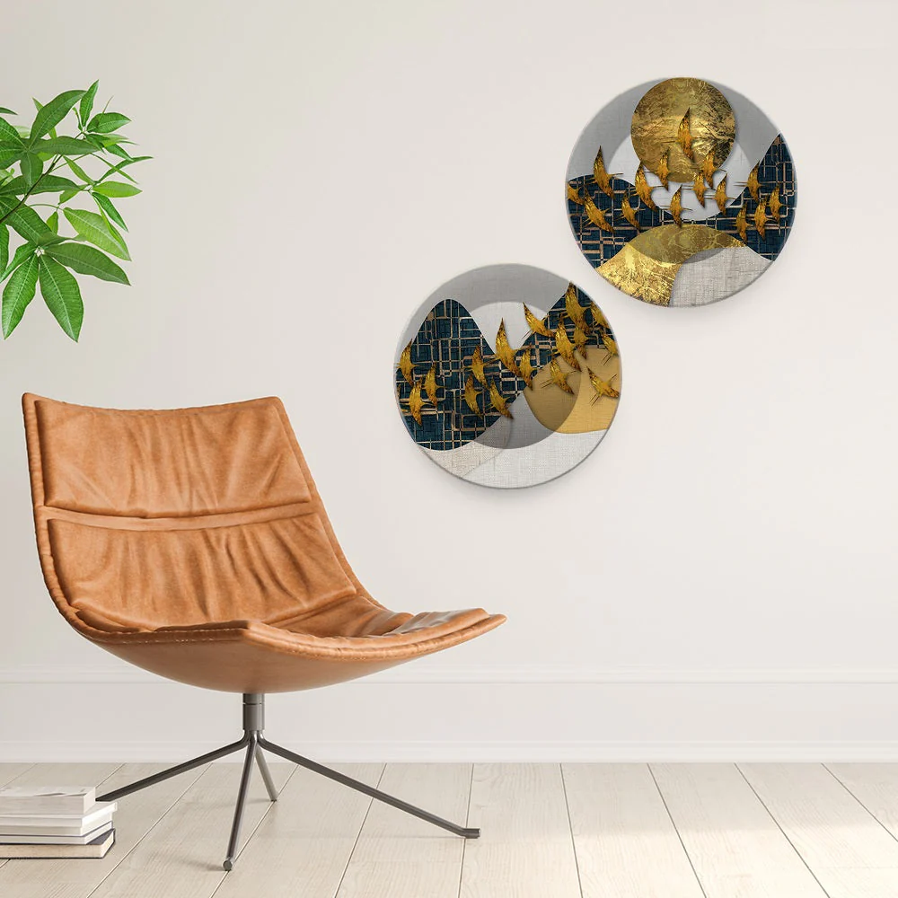 Abstract Golden Birds Flying Luxurious Art Wall Hanging Plates of Two Pieces - Image 4