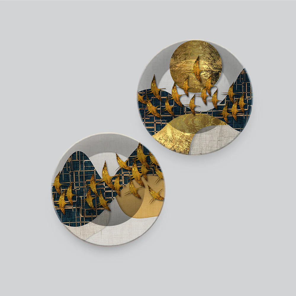Abstract Golden Birds Flying Luxurious Art Wall Hanging Plates of Two Pieces - Image 5